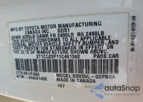 2001 Toyota Camry Solara Se из США, поврежденный, VIN 2T1CG22P11C491362